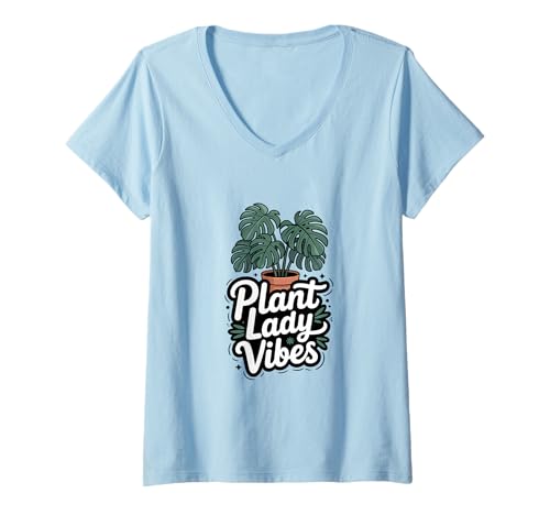 Damen Plant Lady Vibes Monstera Pflanzengrafik T-Shirt mit V-Ausschnitt von Green Life Botanical Wear