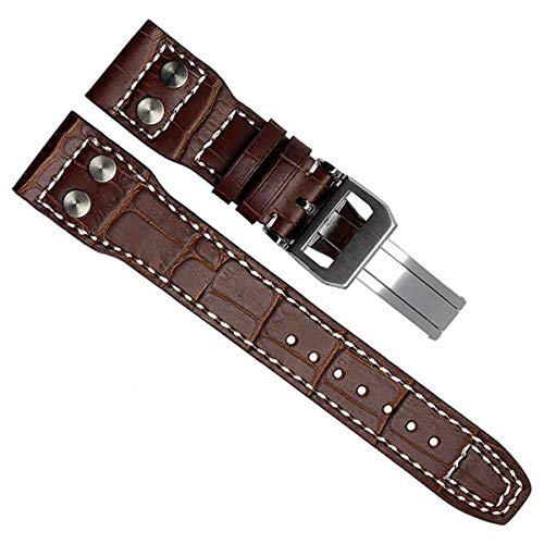 Green Olive Uhrenarmband aus echtem Leder, 22 mm, passend für IWC-Pilotenuhren (silberfarbene Schnalle/braun) von OliBoPo