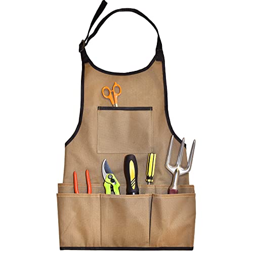 Oxford-Stoff Garten Schürze - 14 Taschen Wasserdichte Gartenschürze für Frauen mit Taschen - Multifunktionale Schürze für Gartenarbeit, Kochen, Putzen und Holzarbeiten - Braune Gartenschürze von Green Thumbz