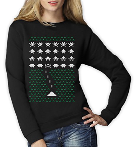 Geek Space Invaders Style Design Ugly Christmas Frauen Sweatshirt X-Large Schwarz von Green Turtle T-Shirts