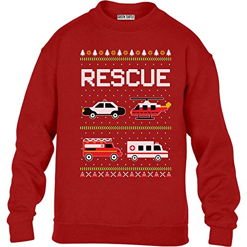 Green Turtle T-Shirts Kids Weihnachtspullover Feuerwehr Polizei Ambulanz Kinder Pullover Sweatshirt L 134/146 Rot von Green Turtle T-Shirts