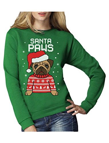 Green Turtle T-Shirts Santa Paws Pfoten - Mops Süßer Damen Weihnachtspullover Frauen Sweatshirt Large Grün von Green Turtle T-Shirts