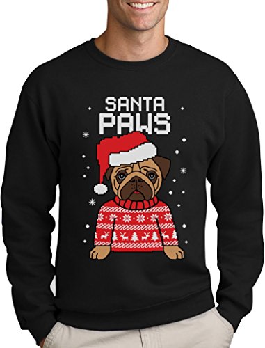 Green Turtle T-Shirts Santa Paws Pfoten - Mops Süßer Herren Weihnachtspullover Sweatshirt Large Schwarz von Green Turtle T-Shirts