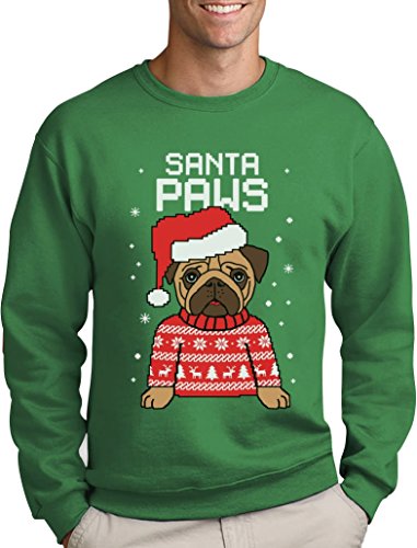 Green Turtle T-Shirts Santa Paws Pfoten - Mops Süßer Herren Weihnachtspullover Sweatshirt Medium Grün von Green Turtle T-Shirts