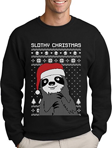 Green Turtle T-Shirts Slothy Christmas Faultier mit Nikolausmütze Herren Weihnachtpullover Sweatshirt Large Schwarz von Green Turtle T-Shirts