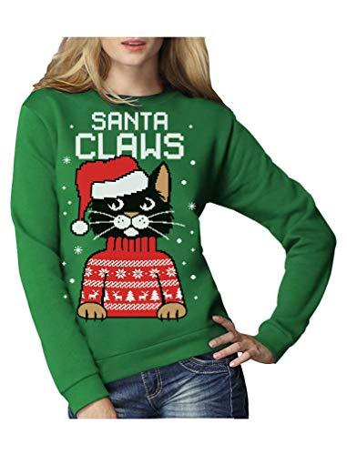 Green Turtle T-Shirts Santa Claws Krallen - Katzenliebhaber Damen Weihnachtspullover Frauen Sweatshirt Large Grün von Green Turtle T-Shirts