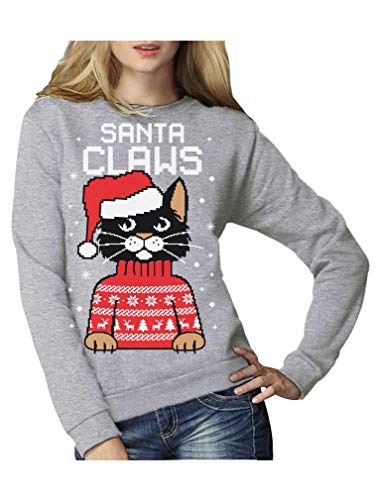 Green Turtle T-Shirts Santa Claws Krallen - Katzenliebhaber Damen Weihnachtspullover Frauen Sweatshirt Small Grau von Green Turtle T-Shirts