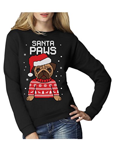 Green Turtle T-Shirts Santa Paws Pfoten - Mops Süßer Damen Weihnachtspullover Frauen Sweatshirt Large Schwarz von Green Turtle T-Shirts