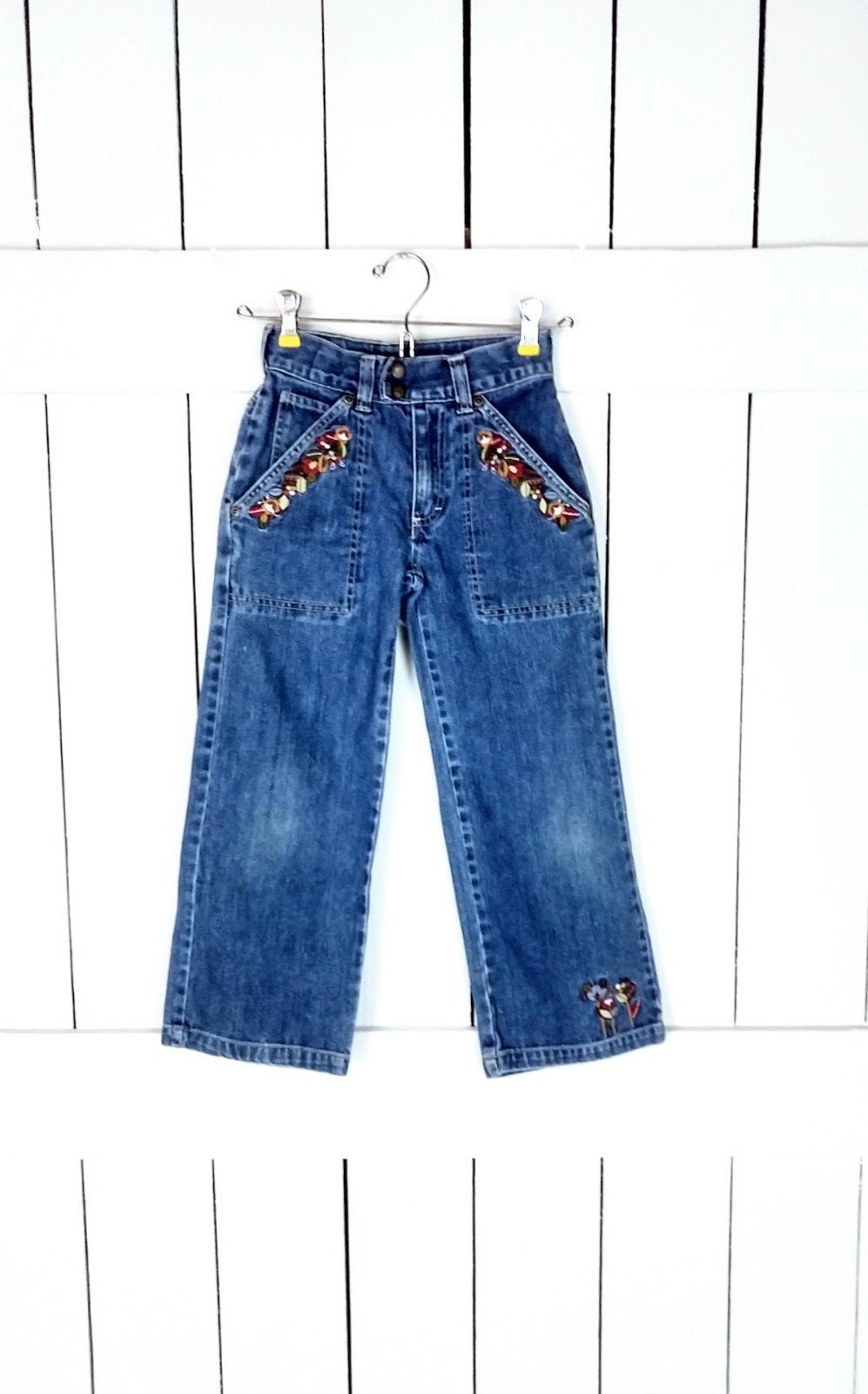 Kinder/Mädchen/Kinder Locker Breites Bein Geblümt Bestickt Blaue Jeans/Osh Kosk Bgosh/Boho Jeans/7 von GreenCanyonTradingCo