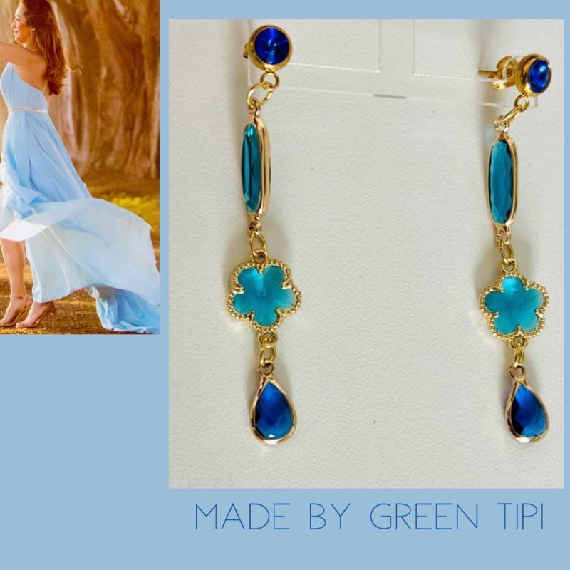 Blaue Ohrringe Hänge Formenkritsallohrringe Länglichlange Gold Blau Türkisblaue Kristalle Ohrringeohrringe Elegant von GreenTipi