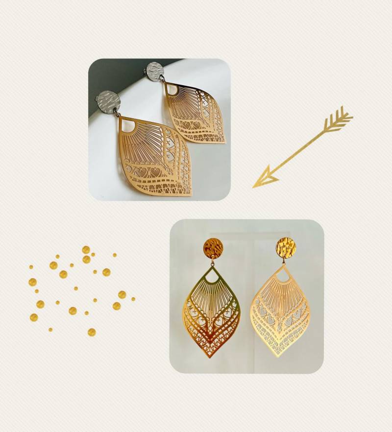 Große Hängeohrringe Goldbicolor Silber Gold Ohrringe Hängendtropfenform Statementohrringeblatt Ohrringeboho Ornament Golden von GreenTipi