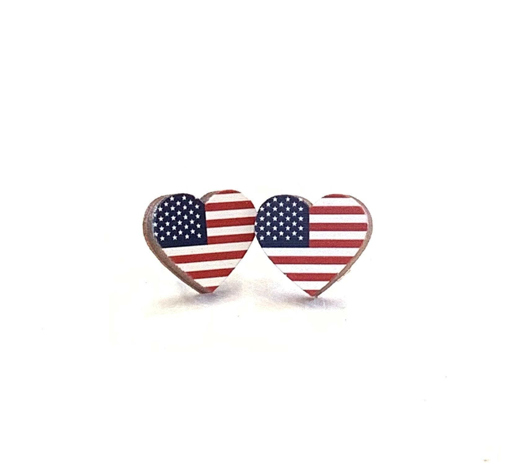 Usa Flagge Herz Ohrstecker - Laser Cut Ohrringe Aus Aufgeforstetem Holz von GreenTreeJewelry