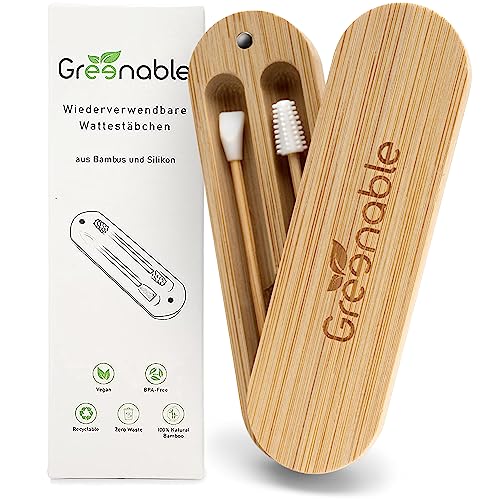 Greenable ® Wattestäbchen aus Bambus und Silikon [2er Set] – Wiederverwendbare, nachhaltige Ohrenstäbchen – Beauty Make-Up Entferner inklusive Aufbewahrung – Plastikfreie Q-Tips – Vegan & BPA-Frei von Greenable