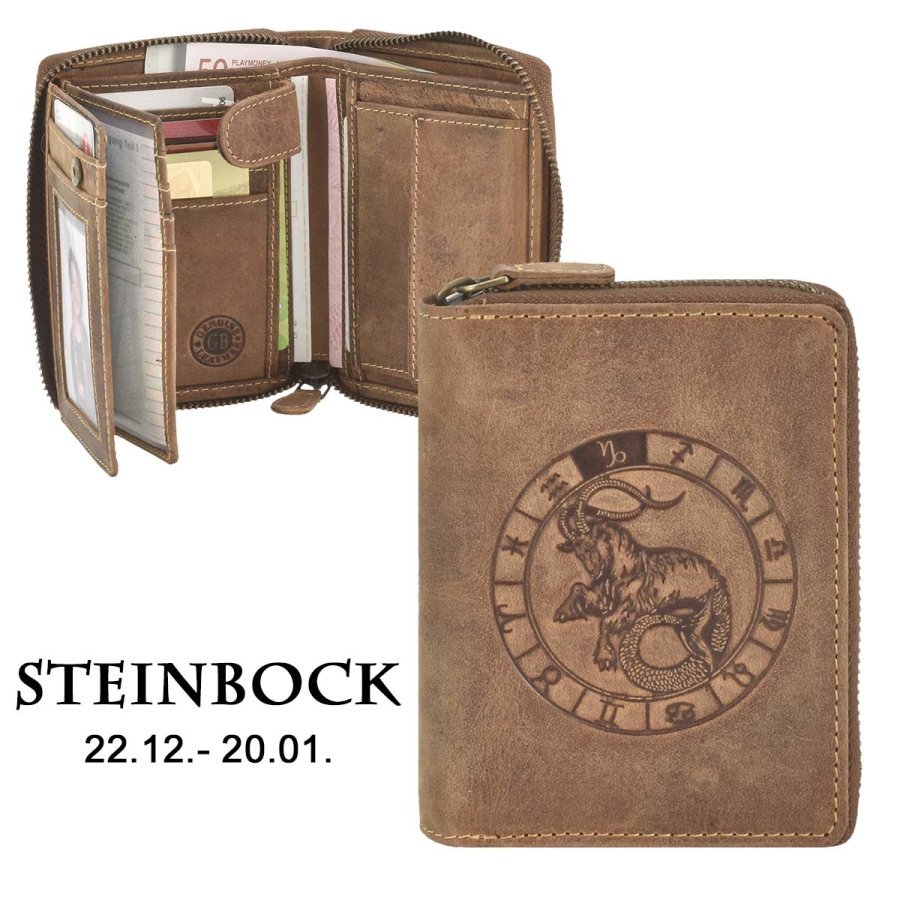 Reißverschluss Geldbörse 10x12cm Steinbock "Vintage" antikbraun 821A | von Greenburry