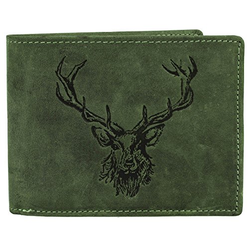 GREENBURRY Vintage Leder Geldbörse Portemonnaie Geldbeutel Royal Stag 1705-RS Hirsch Motiv, Farbe:Olive von Greenburry