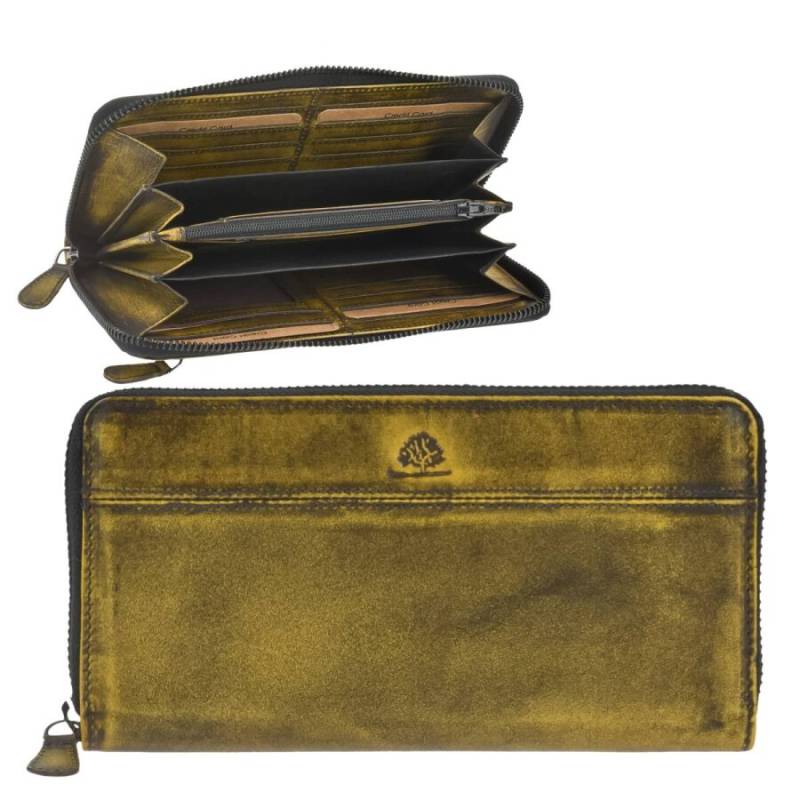 Geldbörse Leder 19x10cm mit Reißverschluss Langbörse "Destressed" dirty yellow von Greenburry