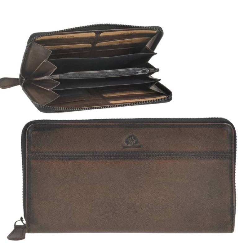 Geldbörse Leder 19x10cm mit Reißverschluss Langbörse "Destressed" teak brown von Greenburry