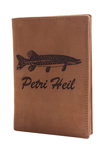 Greenburry Angler-Ausweismappe l Angelscheinmappe mit Petri Heil Motiv I Angel-Etui aus Leder l Lederhülle mit Angler-Motiv l Ausweis-Hülle mit Fisch-Motiv l 16,5 x 12 cm von Greenburry