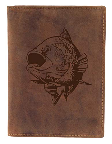 Greenburry Ausweismappe mit Fisch Motiv braun - 100% Leder - Lederhülle mit Karpfen Motiv - 16,5x1,5x12cm von Greenburry