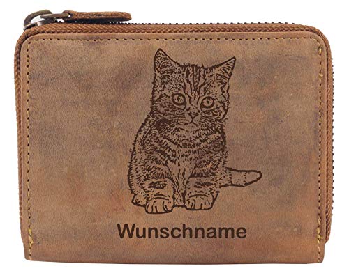 Greenburry Damen Geldbeutel Braun 13x10x3cm mit Hauskatzen Motiv + Wunschnamen von Greenburry