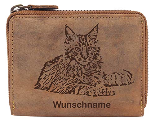 Greenburry Damen Portemonnaie Braun 13x10x3cm Geldbeutel mit Maine Coon Katzen Motiv + Wunschnamen von Greenburry