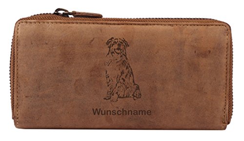 Greenburry Frauengeldbeutel Ledergeldbörse mit Hunde Motiv Australian Shepherd inkl. Wunschnamen von Greenburry
