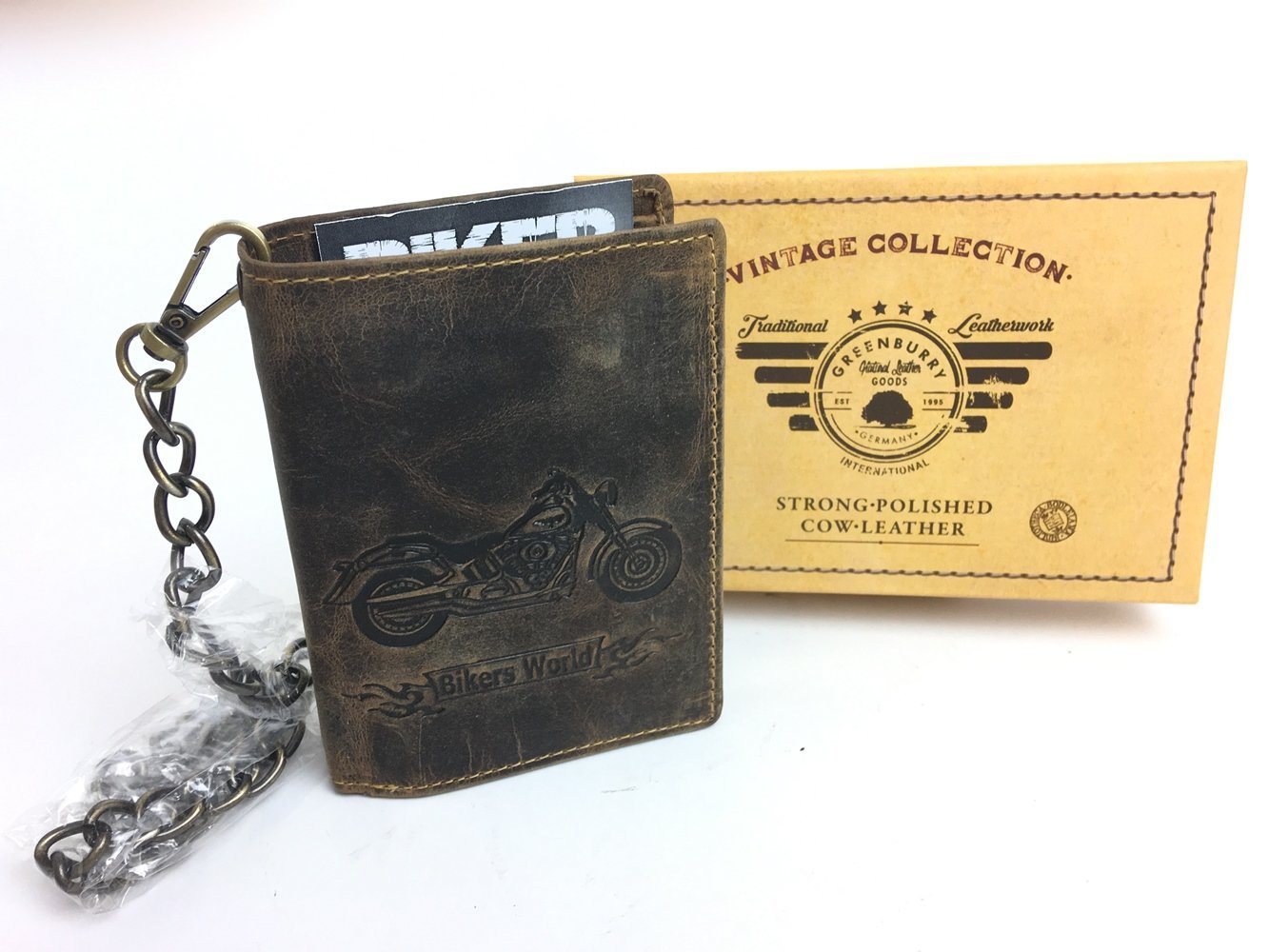 Greenburry Geldbörse Motorradbörse Bikerbörse Kettenbörse Antikleder Fettleder braun von Greenburry