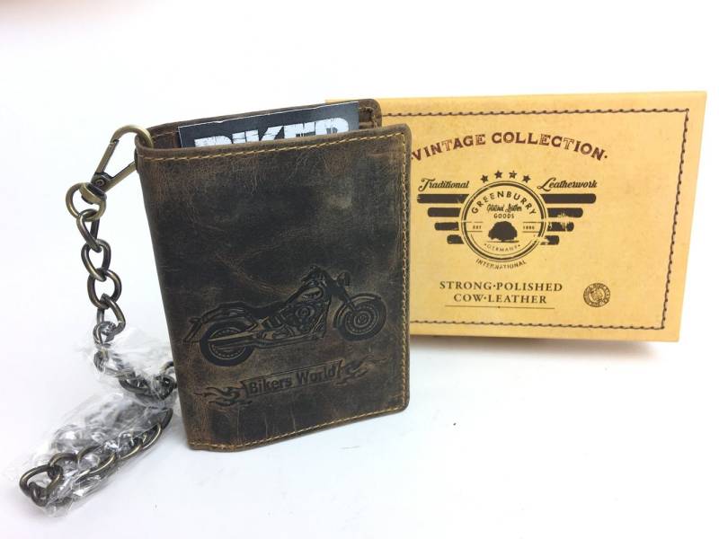 Greenburry Geldbörse Motorradbörse Bikerbörse Kettenbörse Antikleder Fettleder braun von Greenburry