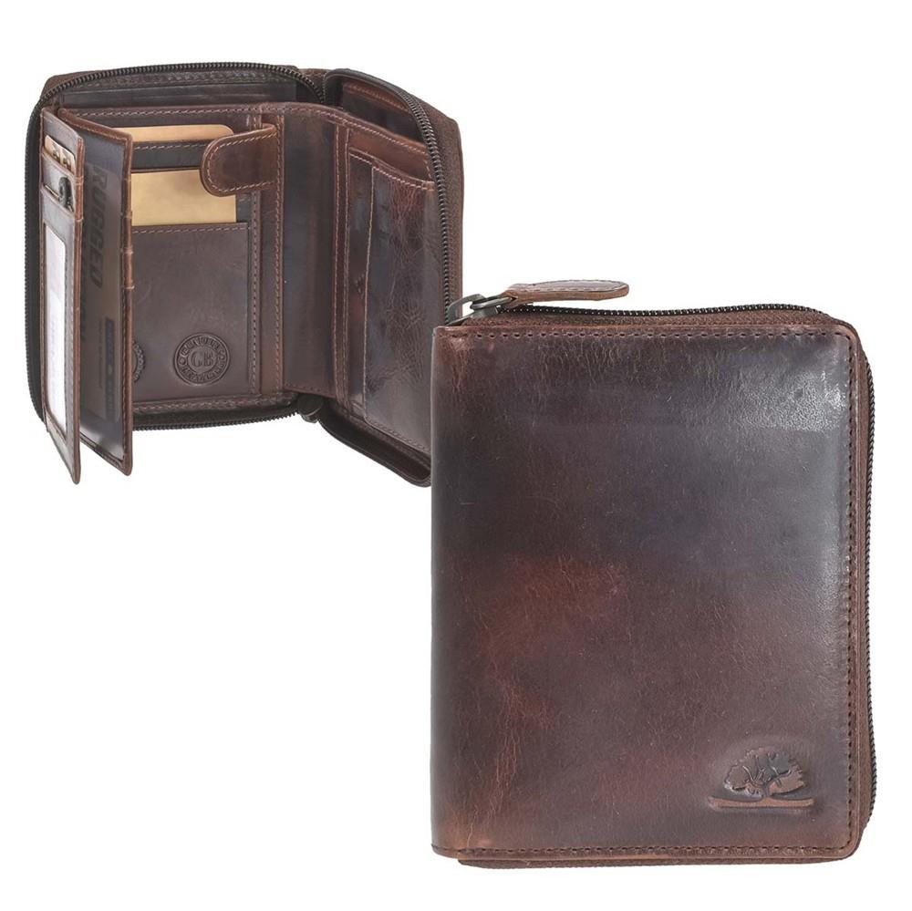 Greenburry Geldbörse "Rugged" Leder Portemonnaie Reißverschlussbörse10x12cm teak braun, Lederbörse, 9 Kartenfächer, RFID-Schutz, Reißverschluss von Greenburry