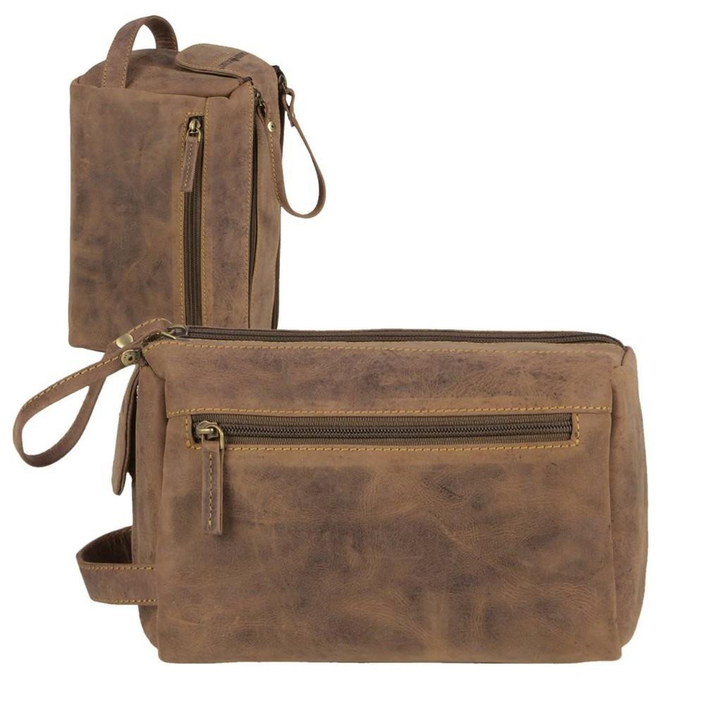 Greenburry Kulturbeutel "Vintage" Leder 23x15cm, Kosmetikbeutel, Waschtasche, für Damen und Herren, braun von Greenburry