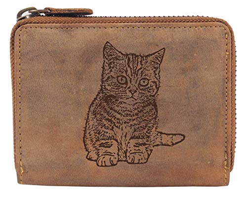 Greenburry Leder Brieftasche Geldbörse Braun 13x10x3cm mit Motiv Einer Hauskatze von Greenburry