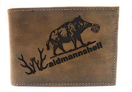 Greenburry Leder-Geldbörse mit Wildschwein Motiv I Jäger-Lederbörse mit Waidmannsheil Motiv I Förster Geldbeutel mit Wildsau Motiv von Greenburry