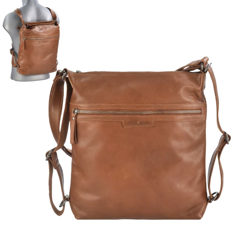 Schultertasche Rucksack Leder 31x34cm 2in1 "Soft Washed" cognac | Gree von Greenburry