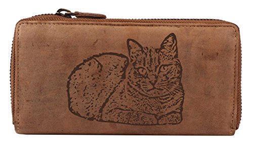 Greenburry Vintage Damen Geldbeutel Geldbörse Braun 19x2,5x10cm mit Motiv der Russisch Blau Katze von Greenburry