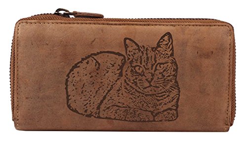 Greenburry Vintage Damen Geldbeutel Leder Portemonnaie 19x2,5x10cm Langbörse Damenbörse Motiv der Russisch Blau Katze von Greenburry