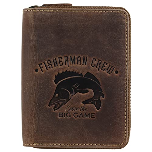 Greenburry Vintage Fisherman Crew Leder Geldbörse Portemonnaie Geldbeutel Portmonee BV-821A-FC-PikePerch Zander Fisch Angler, Farbe:Braun von Greenburry