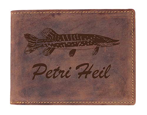 Greenburry Vintage Geldbeutel-Leder-Portmonee mit Motiv Petri Heil Angler-Motiv I 12x10x3 cm von Greenburry