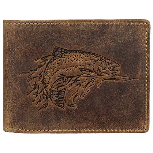 Greenburry Vintage Huntsman Trophy RFID Leder Geldbörse Portemonnaie Geldbeutel Portmonee BV-1705-HT-Fish Fisch Forelle Trout, Farbe:Braun von Greenburry