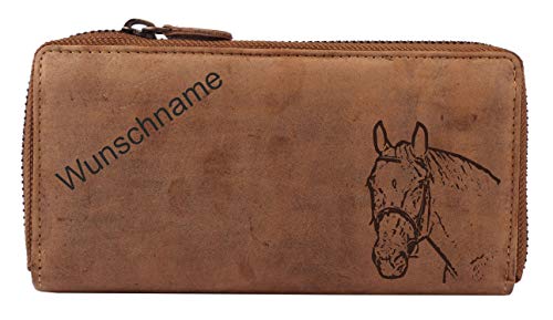 Greenburry Vintage Leder Damen Geldbörse Brieftasche Pferdemotiv inkl. Wunschname Braun 19x10x2,5cm von Greenburry