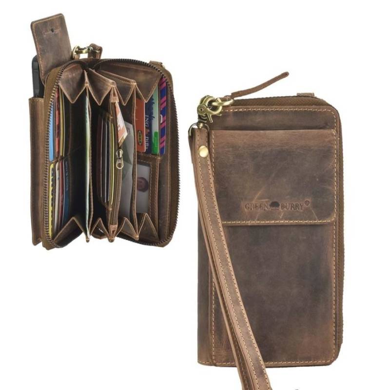 Handytasche mit Geldbörse zum Umhängen Leder "Vintage" antikbraun Damen Handy Umhängetasche, RFID Schutz, Handschlaufe, Schultergurt GREENBURRY von Greenburry