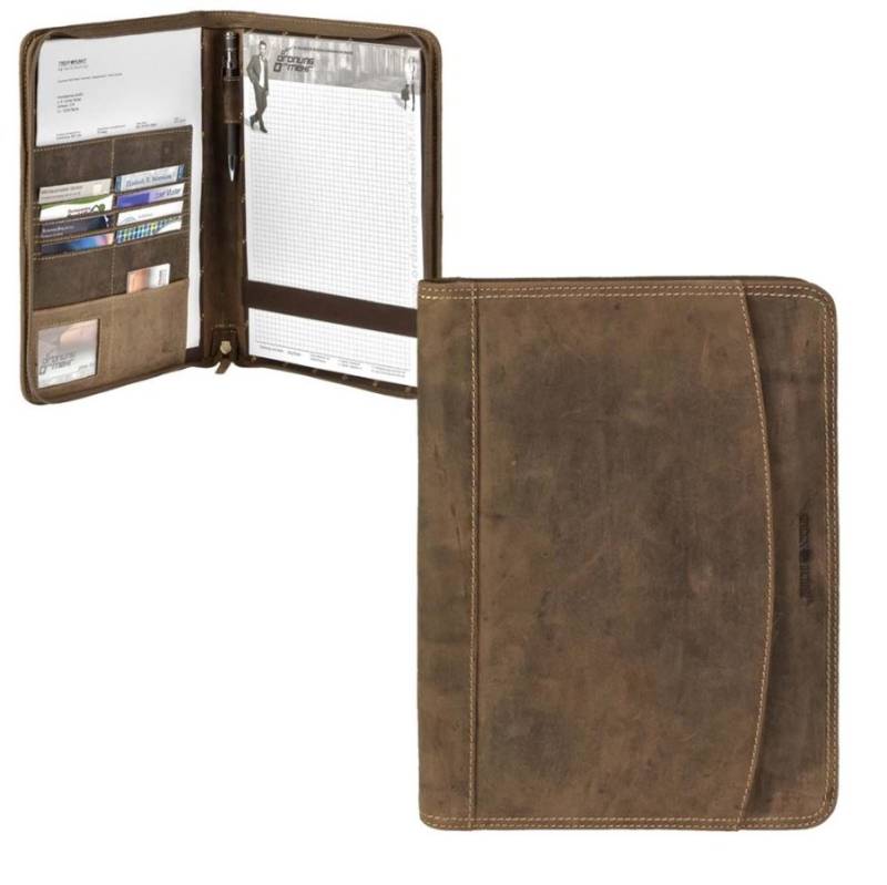 Schreibmappe Leder A4 mit Reißverschluss flach Mappe "Vintage" antikbraun, flache Konferenzmappe, Dokumentenmappe, Aktenmappe von Greenburry