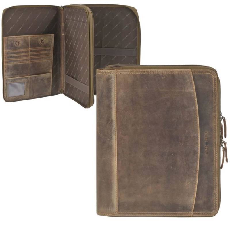 Greenburry Schreibmappe Leder A4 mit 2 Fächern, mit Tabletfach "Vintage" antikbraun, Konferenzmappe, Tagungsmappe, Aktenmappe, Handwerkermappe von Greenburry