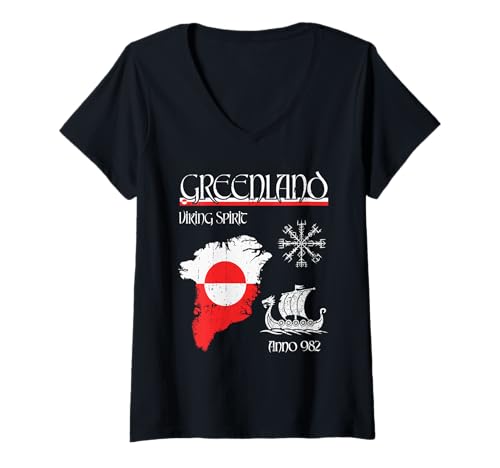 Damen Grönland – Viking Vegvisir – Grönland-Flagge, Souvenir T-Shirt mit V-Ausschnitt von Greenland Nordic Hiking Camper Polar Circle