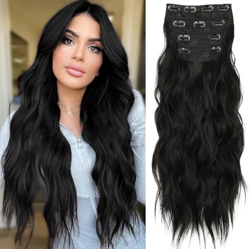 Greenmirr Clip in Extensions, 4PCS 50 cm Clip im Haar Lange flauschige Haarverlängerungen mit Clips Synthetische gewellte Haarverlängerung Clip in Haarteil für Frauen Dressup (1b Black) von Greenmirr