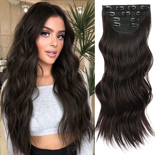 Greenmirr Clip-in Extensions, 4 Stück 50 cm Lange Flauschige Haarverlängerungen Mit Clips, Synthetische Gewellte Haarverlängerung für Frauen Dressup (6A Braun) von Greenmirr