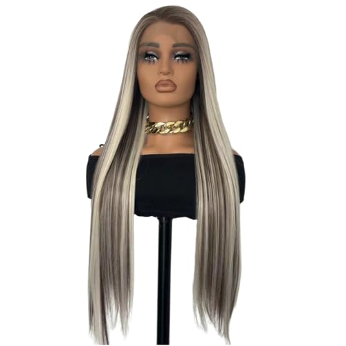 Greenmirr Hervorgehoben Braun Platin Blonde Lace Front Perücke 13x4 Lace Lange Gerade Beheizte Synthetische Perücke für Frauen Tägliches Cosplay 24in von Greenmirr