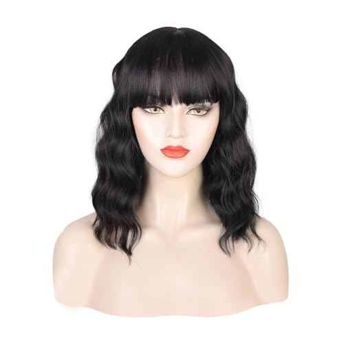 Greenmirr Kurze schwarze gewellte Perücke mit Bangs für Frauen Täglich Cosplay Bob Wig14in von Greenmirr