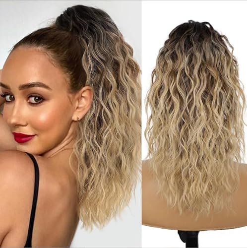 Greenmirr Pferdeschwanz Verlängerung Klaue Clip 18 Zoll für Frauen Multi Layered Fluffy Dicke Lockige Kiefer Clip in Wellige Synthetische Haarteil (12-613 Ombre Brown Blonde) von Greenmirr