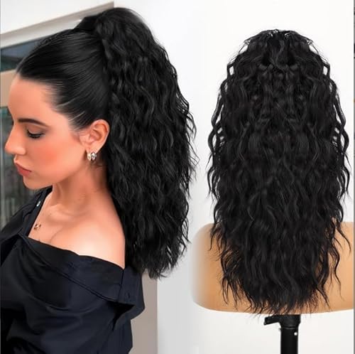 Greenmirr Pferdeschwanz Verlängerung Klaue Clip 18 Zoll für Frauen Multi Layered Fluffy Dicke Lockige Kiefer Clip in Wellige Synthetische Haarteil (1B Black) von Greenmirr