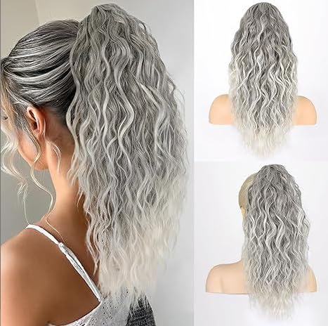 Greenmirr Pferdeschwanz Verlängerung Klaue Clip 18 Zoll für Frauen Multi Layered Fluffy Dicke Lockige Kiefer Clip in Wellige Synthetische Haarteil (Ombre Gray) von Greenmirr